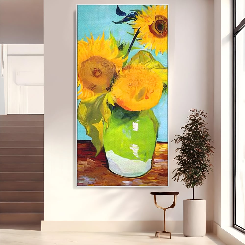 Tablou canvas cu tablou canvas cu floarea soarelui in vaza, in rama de aluminiu argintiu